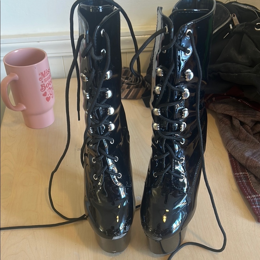Shiny Black Lace-Up Boots